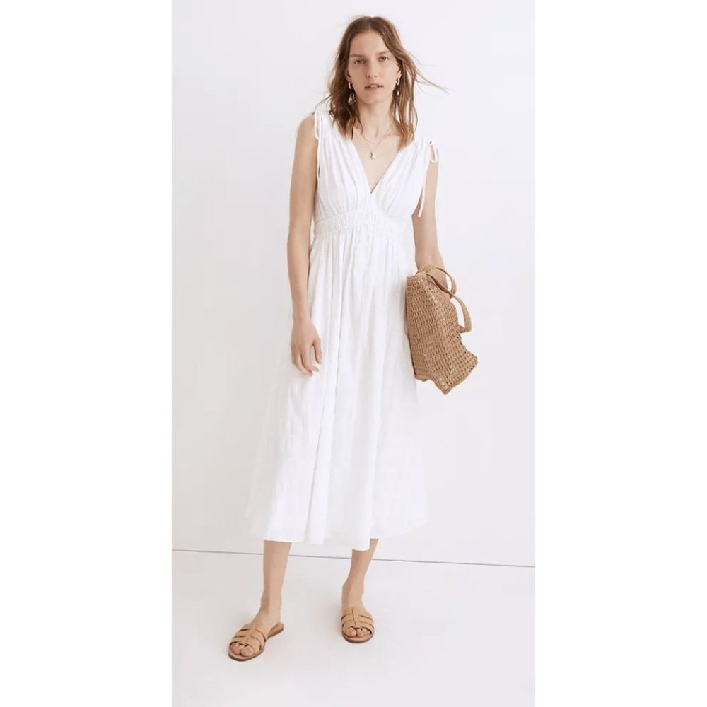 Madewell Women's Sophia Smocked Midi Dress White Windowpane Size M